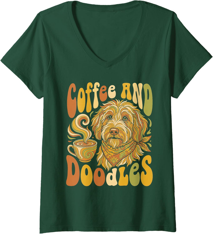 Women's Coffee and Doodles Funny Doodle Coffee Club Pet Lover Design V-Neck T-Shirt - Dark Green