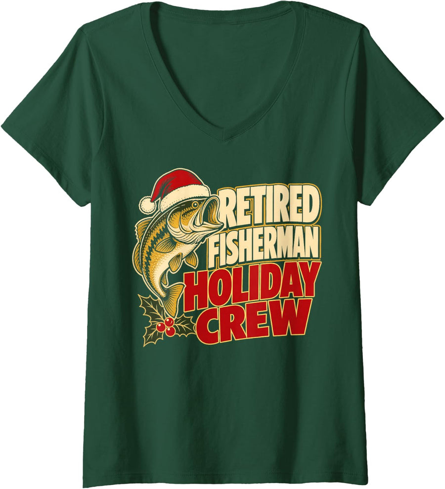 Women's Retired Fisherman Holiday Crew Christmas Fishing V-Neck T-Shirt - Dark Green