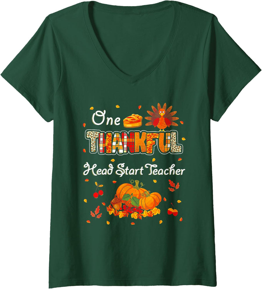 Women's One Thankful Head Start Teacher Turkey Pumpkin Thanksgiving V-Neck T-Shirt - Dark Green