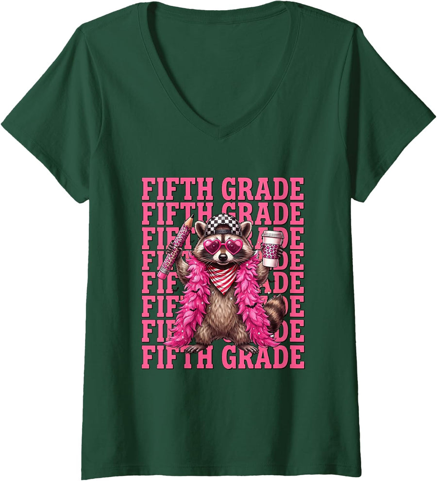 Women's Fifth Grade Funny Raccoon Back to School Teacher Graphic V-Neck T-Shirt - Dark Green