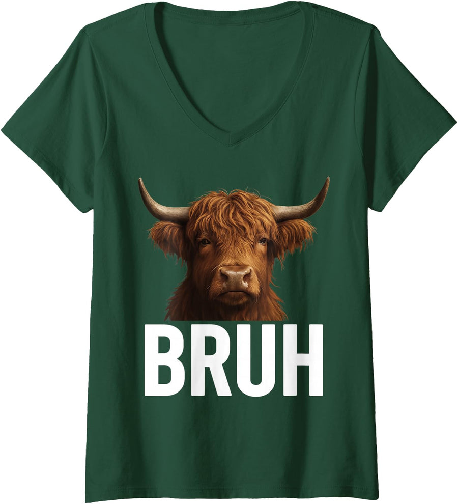 Women's Funny Bruh Scottish Highland Cow Lovers Meme V-Neck T-Shirt - Dark Green