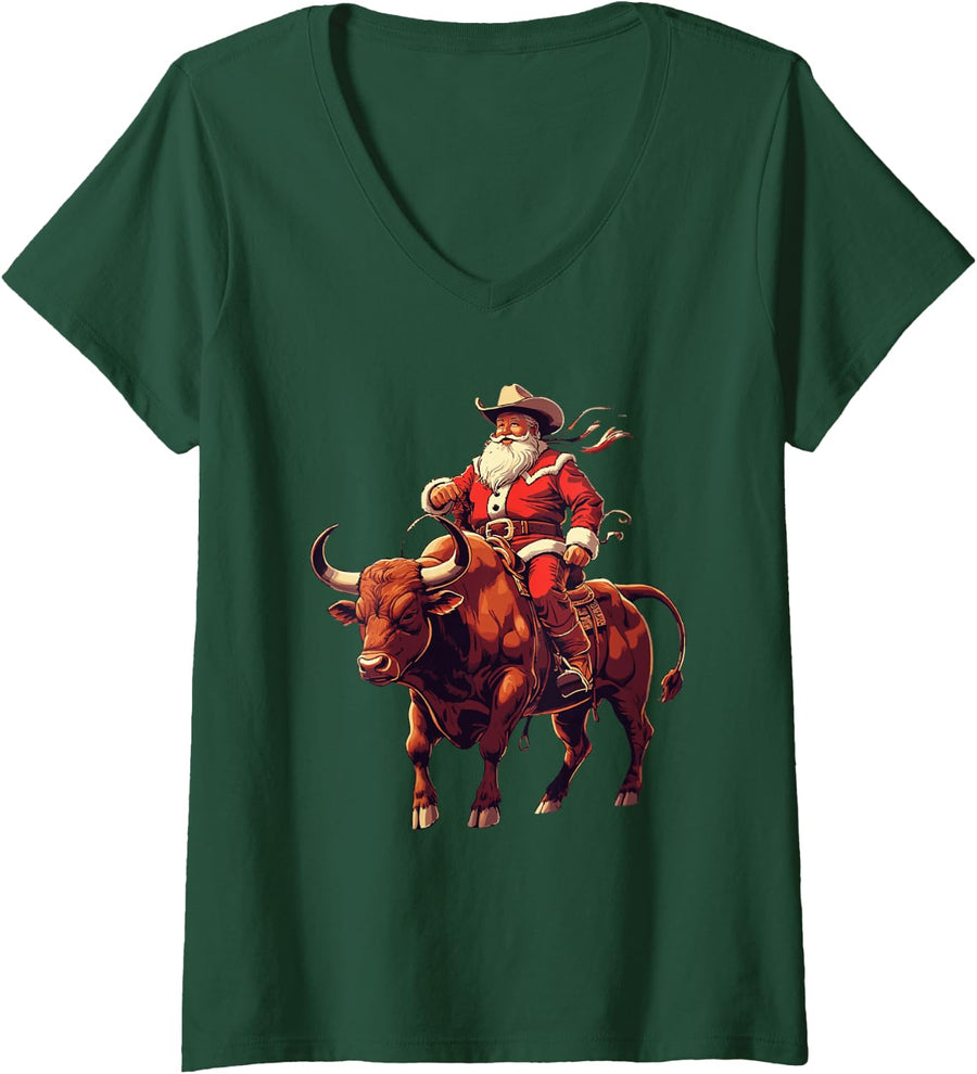 Women's Cowboy Santa Bull Riding Rodeo Western Christmas V-Neck T-Shirt - Dark Green