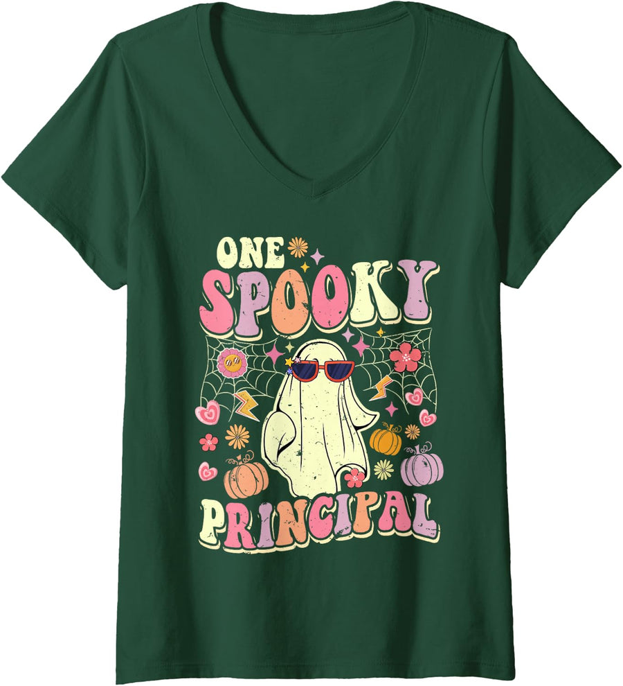 Women's One Spooky Principal Halloween Ghost Principals V-Neck T-Shirt - Dark Green