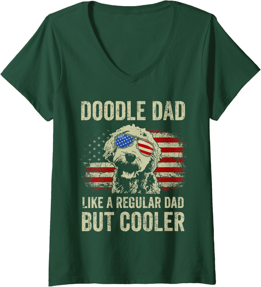 Women's Doodle Dad Goldendoodle Regular Dad But Cooler American Flag V-Neck T-Shirt - Dark Green