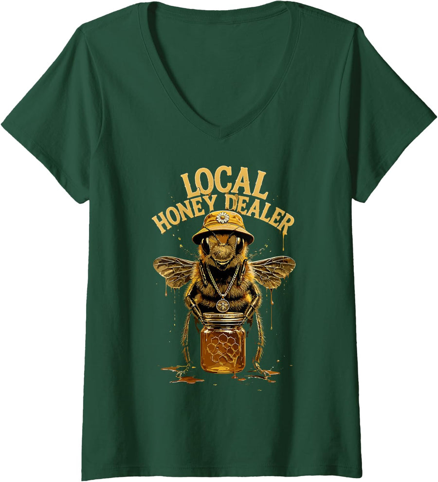 Women's Local Honey Dealer Beekeeping Funny Bees Beekeeper V-Neck T-Shirt - Dark Green