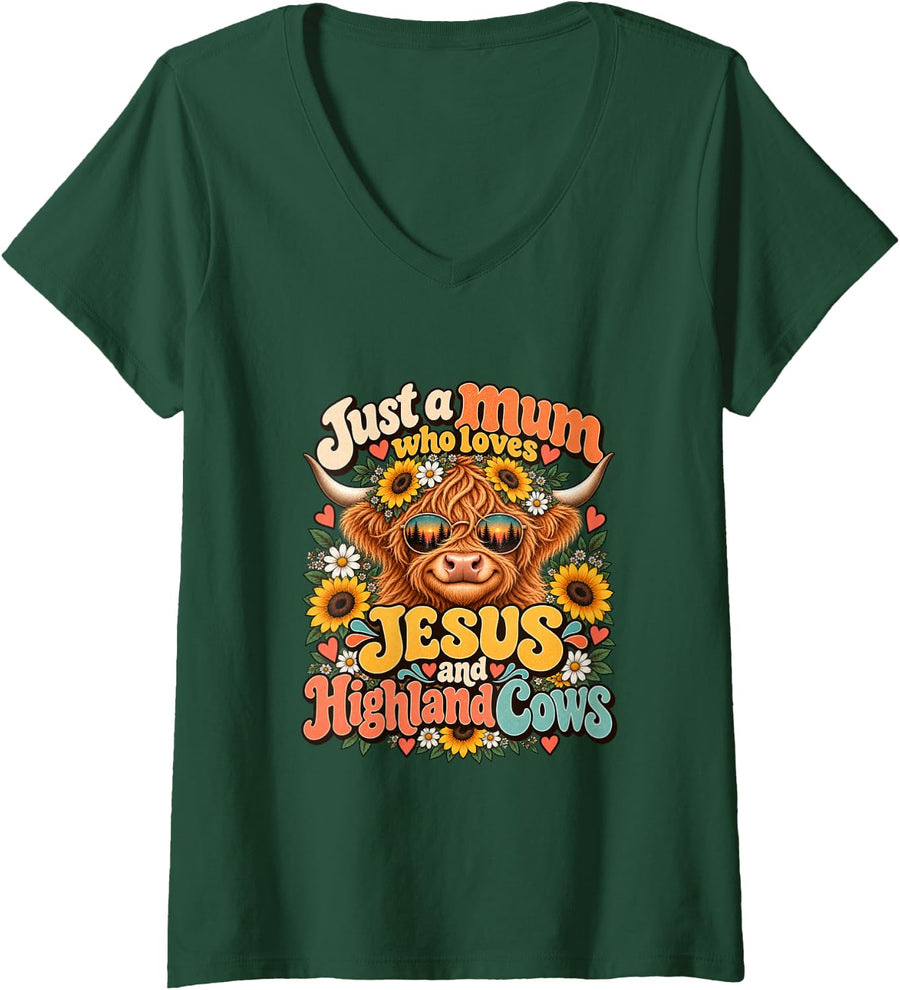 Women's Just a Mum who Loves Jesus and Highland Cows V-Neck T-Shirt - Dark Green