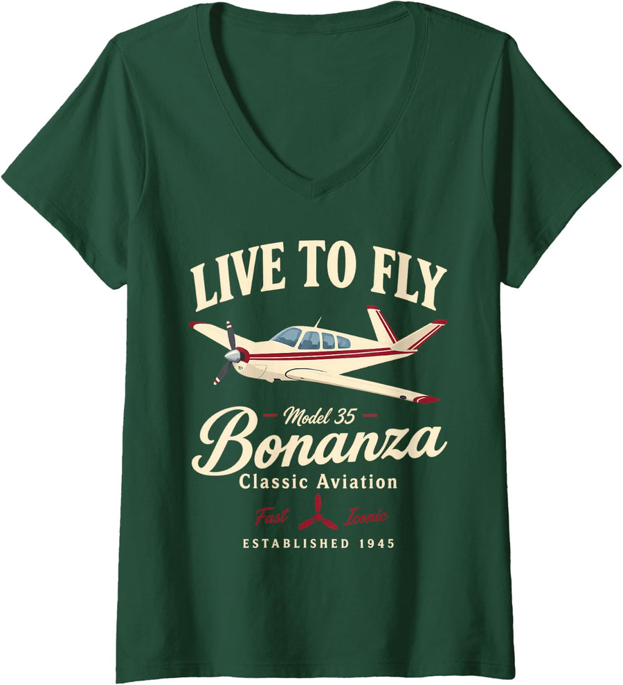 Women's Live to Fly Model 35 Bonanza Classic Aviation Fast Iconic V-Neck T-Shirt - Dark Green