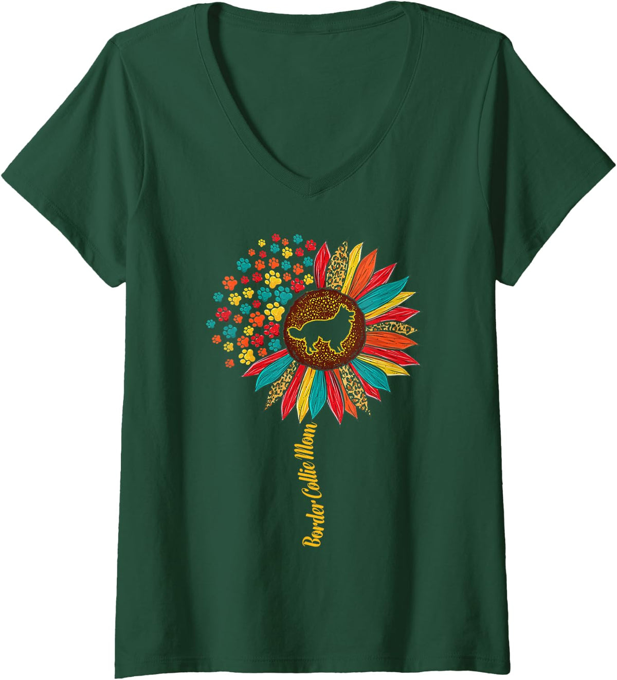 Women's Border Collie Mom Sunflower Dog Paw Colorful V-Neck T-Shirt - Dark Green