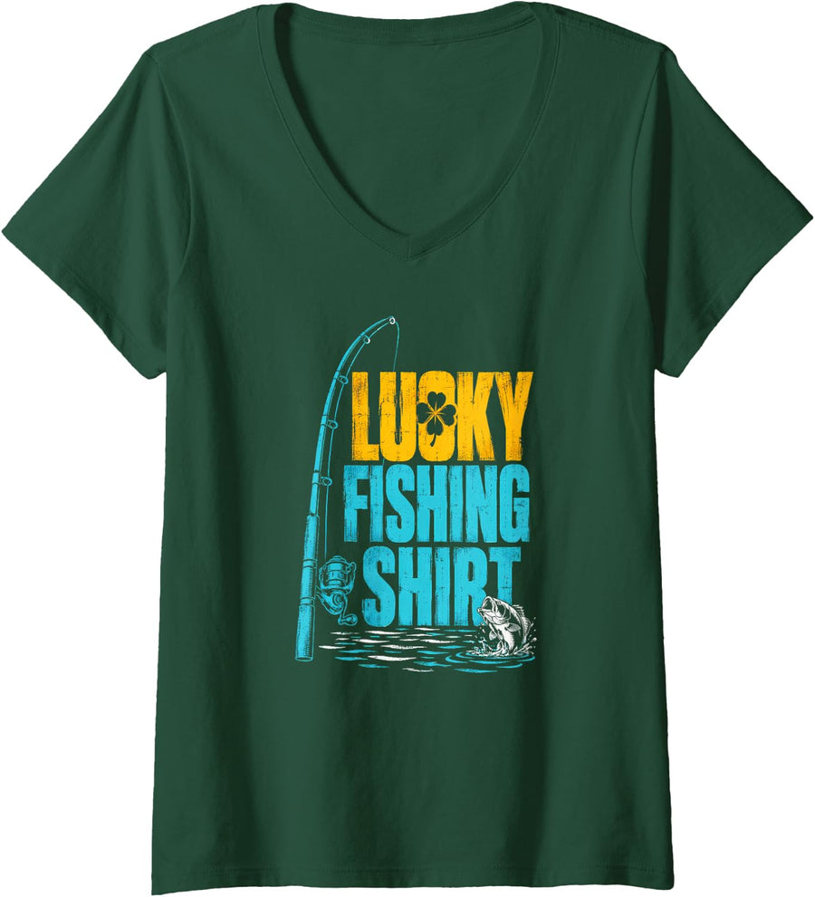 Women's Lucky Fishing Largemouth Bass Angler Lake Outdoors Humor V-Neck T-Shirt - Dark Green