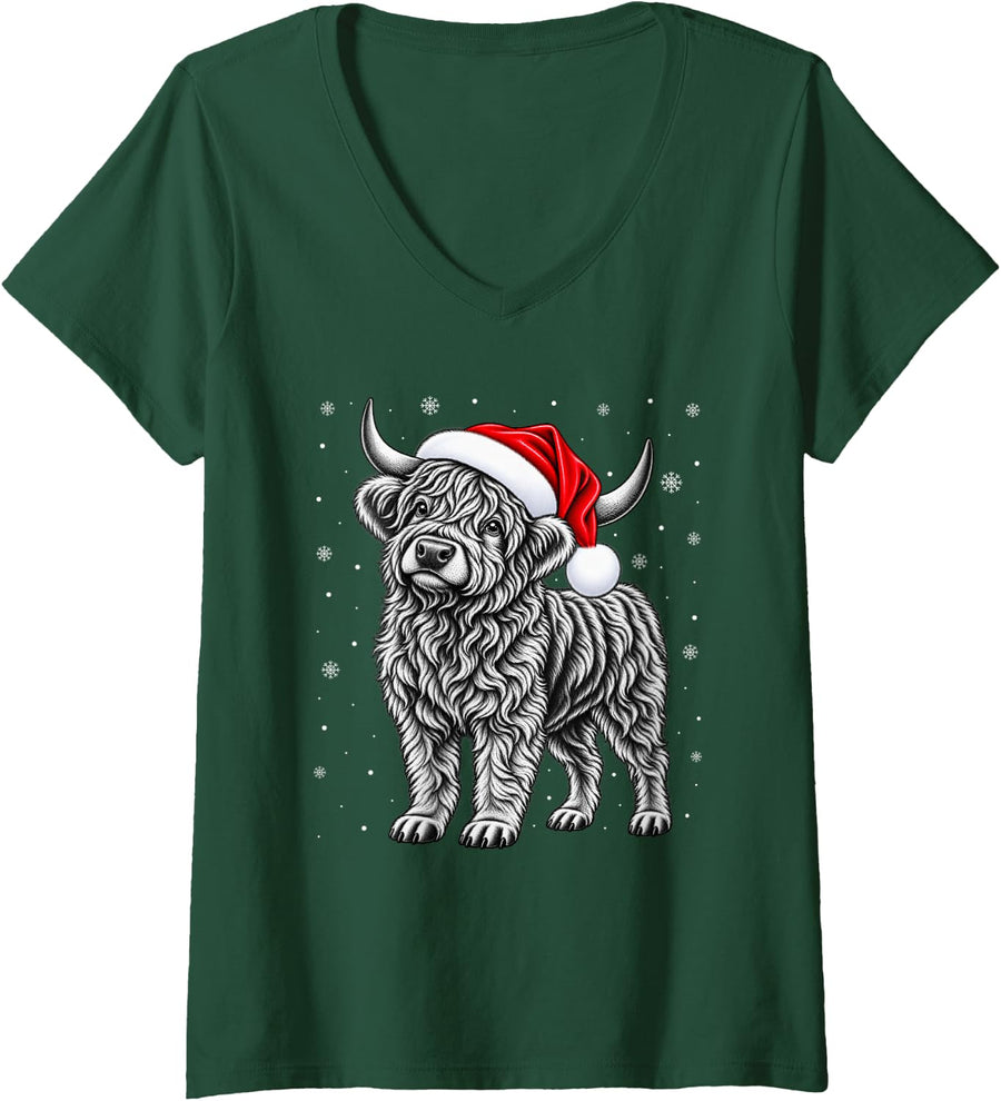 Women's Highland Cow Christmas Santa Hat Snowflakes Holiday Animal V-Neck T-Shirt - Dark Green