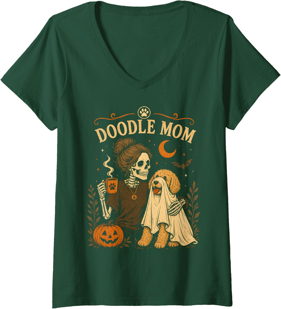 Women's Goldendoodle Skeleton Ghost Costume Pumpkin Halloween Design V-Neck T-Shirt - Dark Green