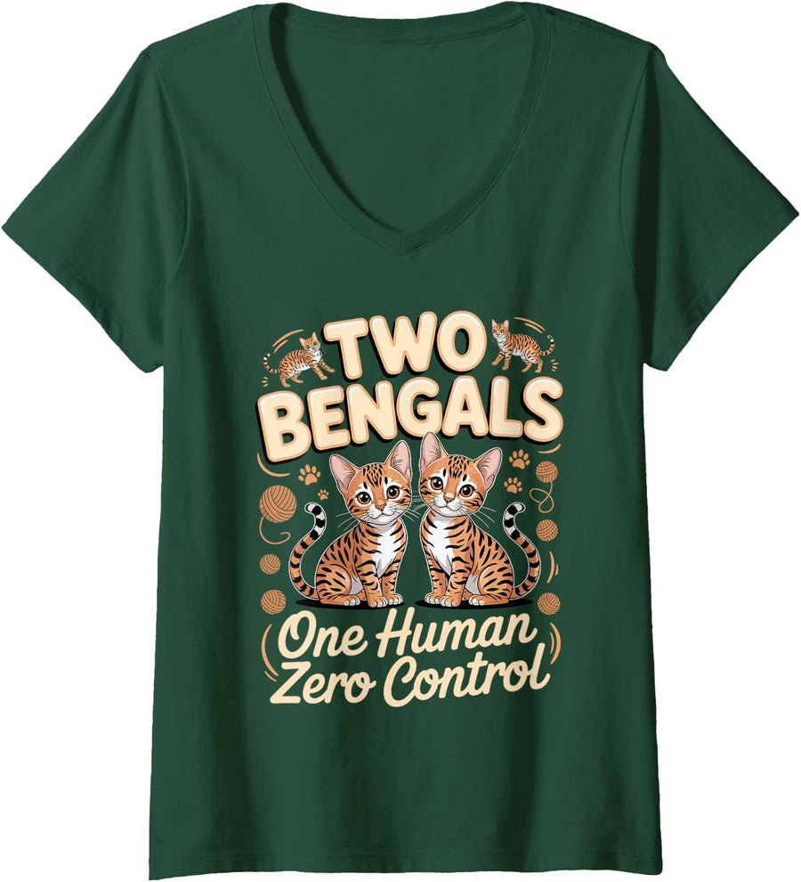 Women's Two Bengals One Human Zero Control Bengal Cat V-Neck T-Shirt - Dark Green