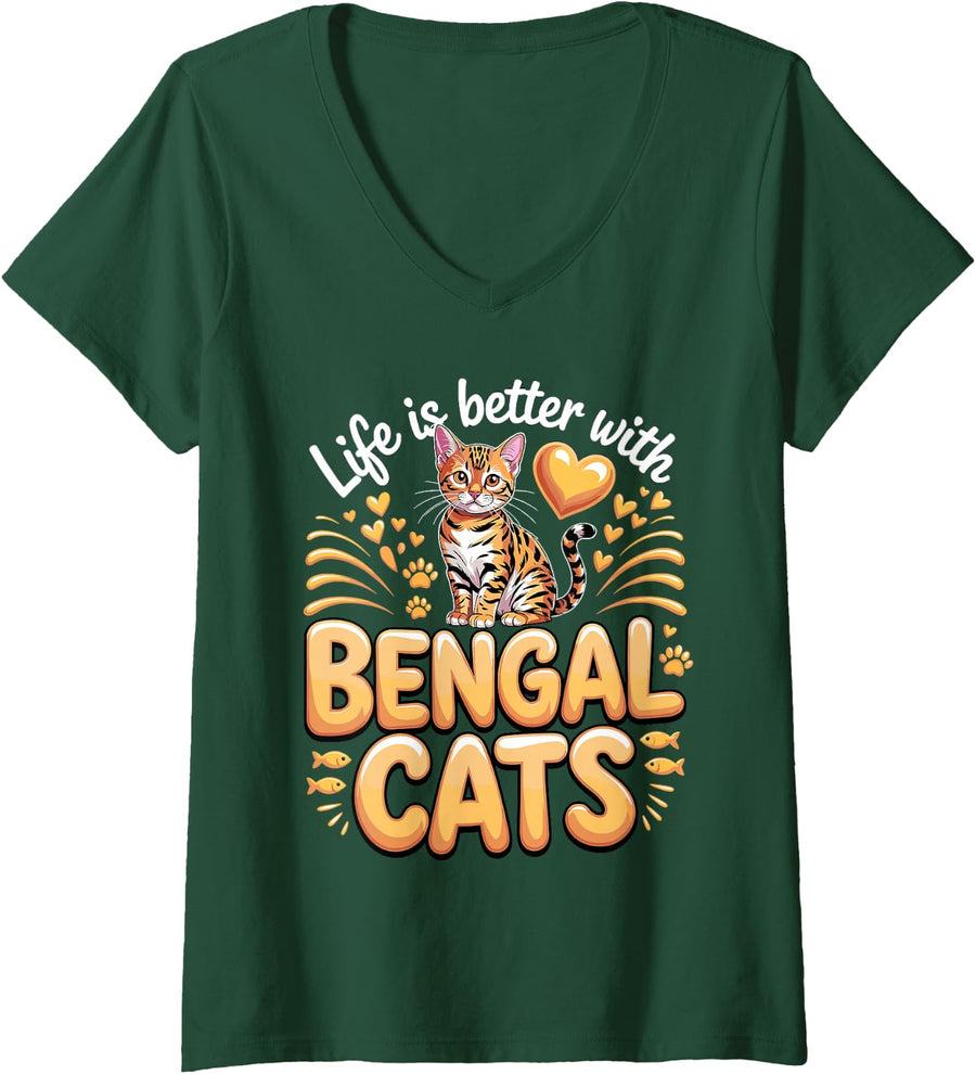 Women's Life is Better with Bengal Cats Exotic Cat Lover V-Neck T-Shirt - Dark Green