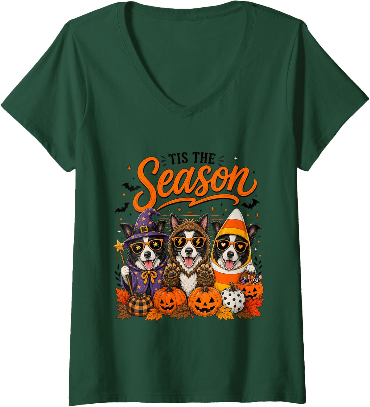 Women's Tis The Season Halloween Border Collie Pumpkin Costume V-Neck T-Shirt - Dark Green