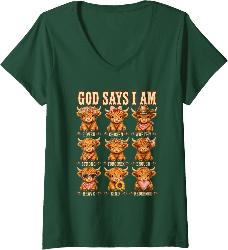 Women's God Says I Am Highland Cow Christian Bible Verse Girls V-Neck T-Shirt - Dark Green