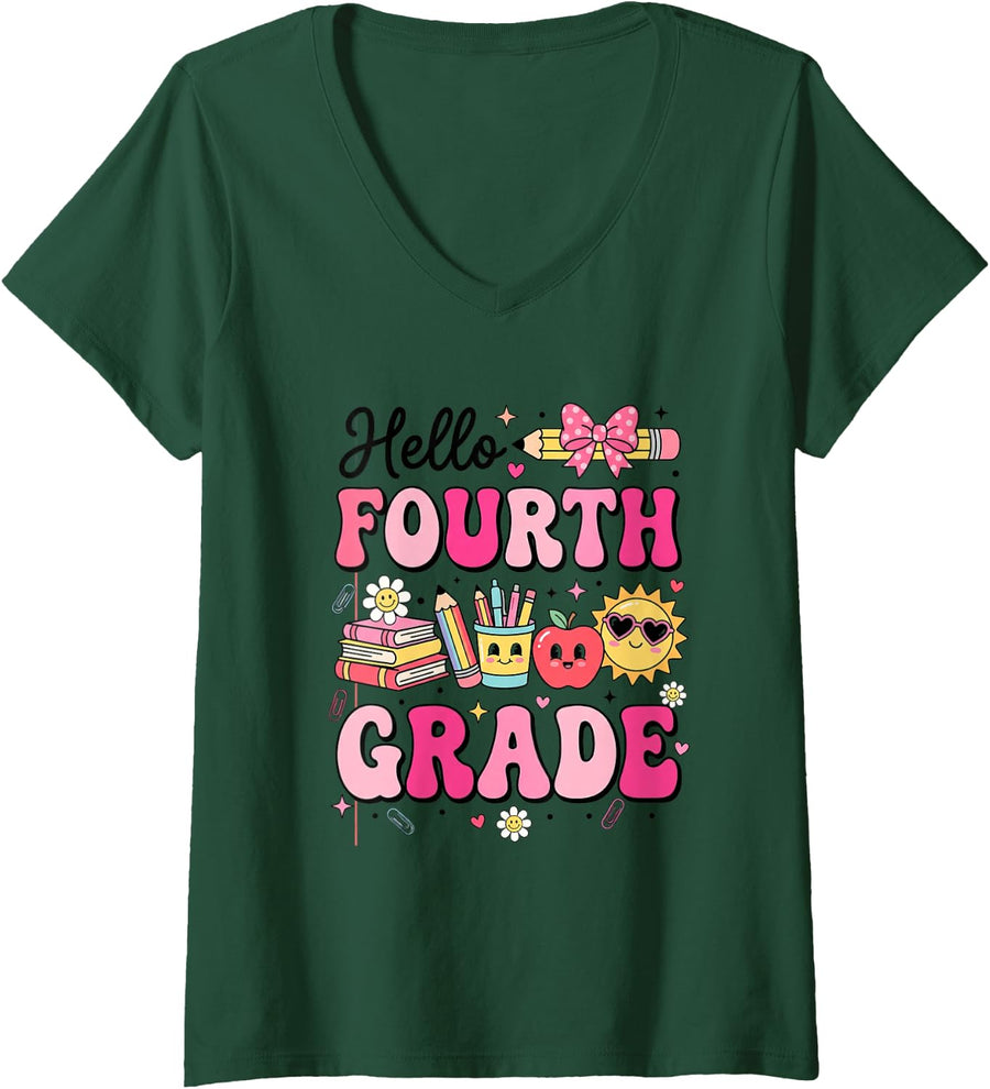 Women's Hello Fourth Grade Back to School Retro Teacher Student V-Neck T-Shirt - Dark Green