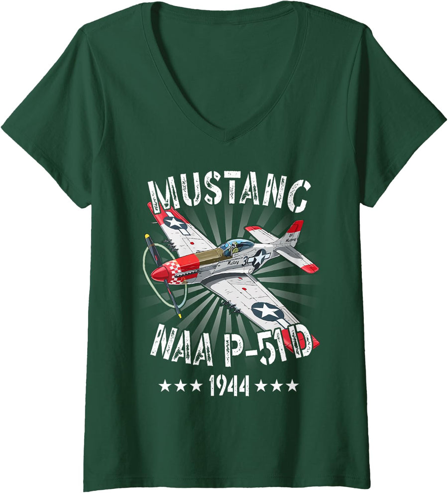 Women's P-51D Mustang Vintage North American P-51D Fighter Warbirds V-Neck T-Shirt - Dark Green