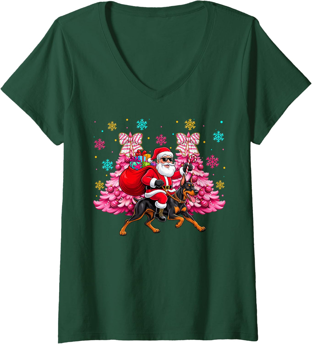 Women's Christmas Doberman Pinscher Owners Kids Boys Girls Dog Xmas V-Neck T-Shirt - Dark Green