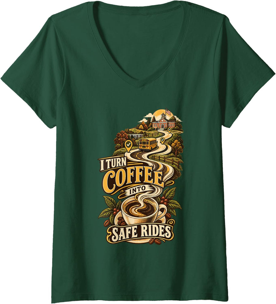 Women's I Turn Coffee Into Safe Rides Funny School Bus Driver V-Neck T-Shirt - Dark Green