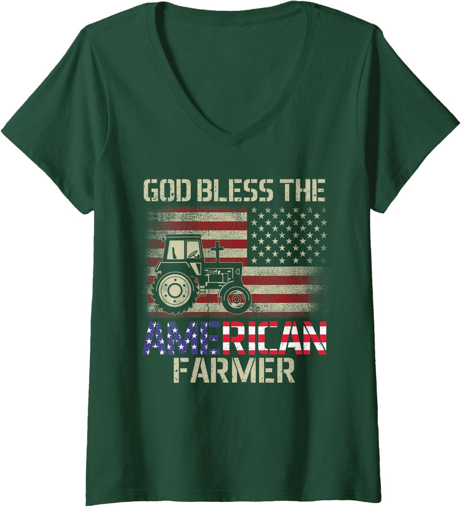 Women's God Bless The American Farmer V-Neck T-Shirt - Dark Green