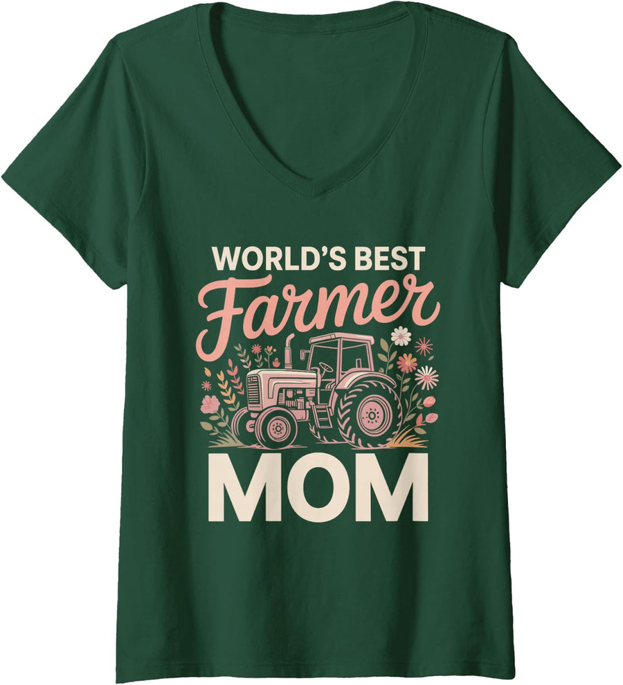 Women's World's Best Farmer Mom Farming Tractor V-Neck T-Shirt - Dark Green