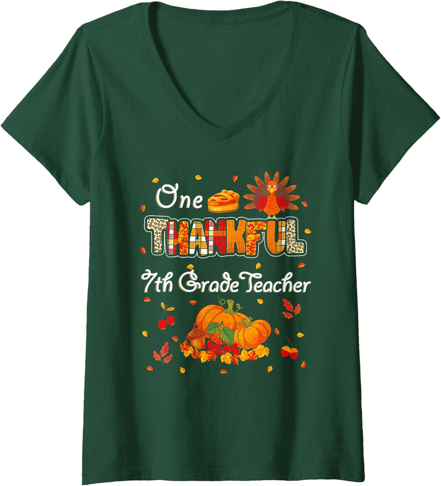 Women's One Thankful 7th Grade Teacher Turkey Fall Thanksgiving V-Neck T-Shirt - Dark Green