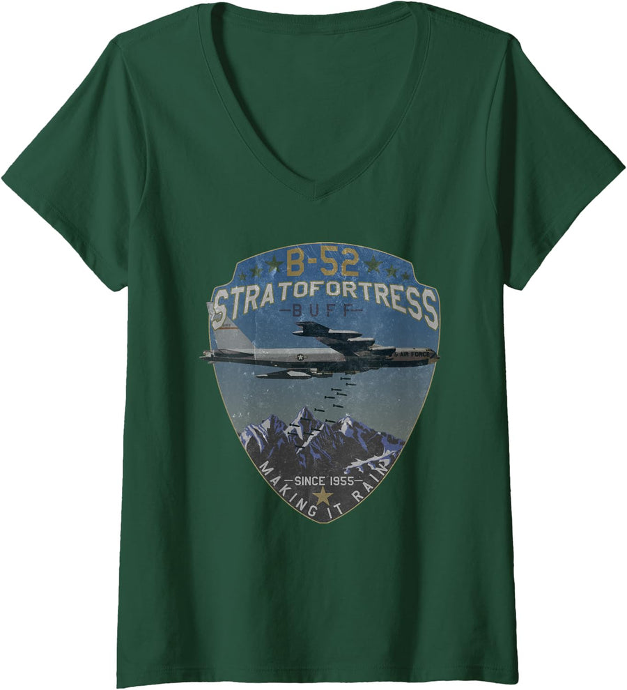Women's B-52 Stratofortress | Making it Rain Since 1955 Vintage Tee V-Neck T-Shirt - Dark Green