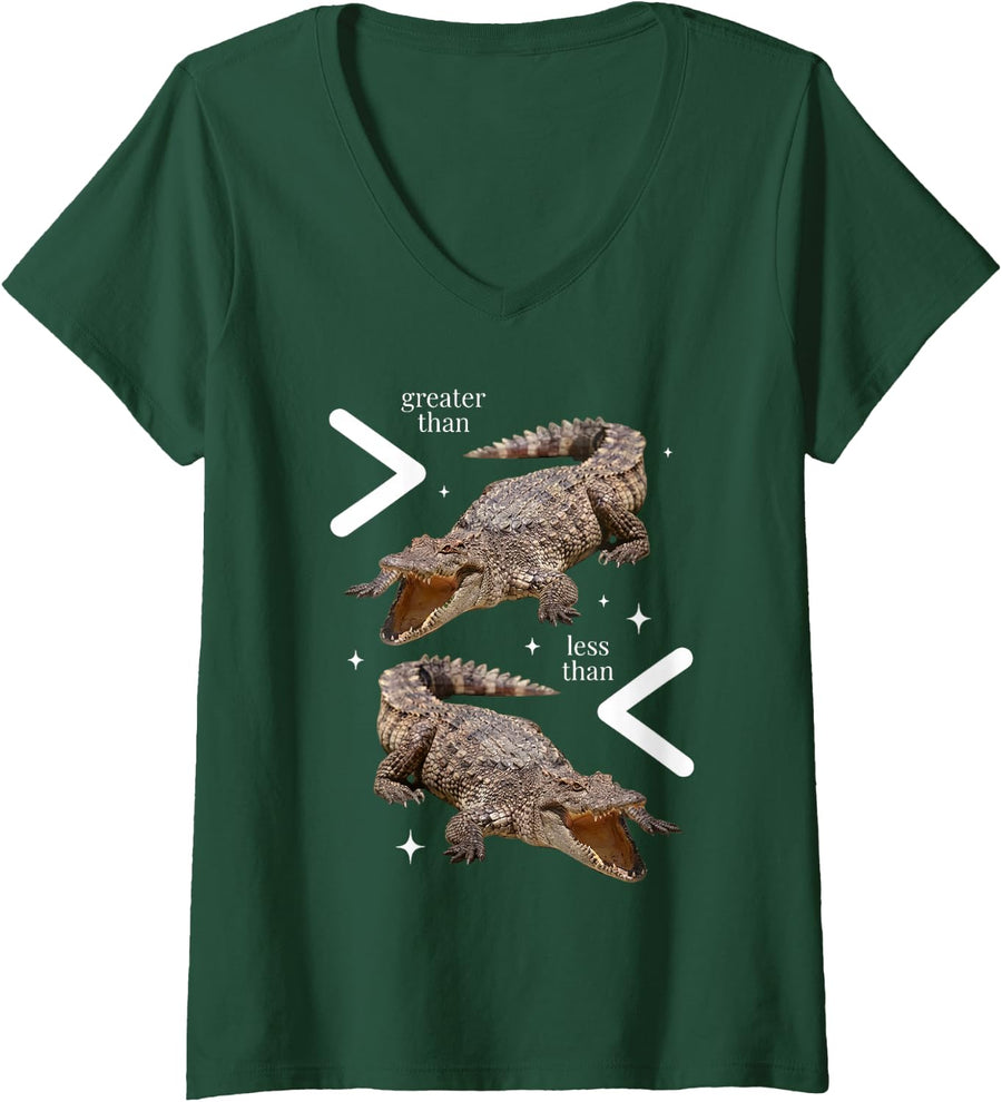 Women's Alligator Math Teacher Less Than Greater Than Elementary V-Neck T-Shirt - Dark Green