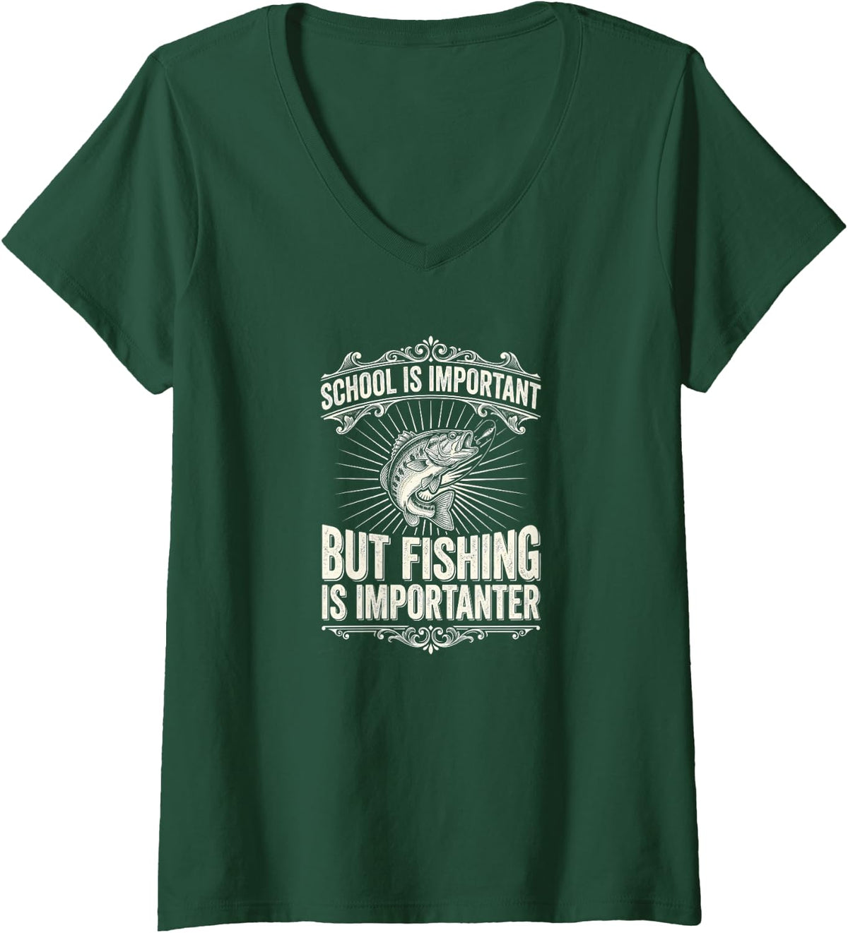 Women's Born Fishing School Largemouth Bass Young Angler Humor V-Neck T-Shirt - Dark Green