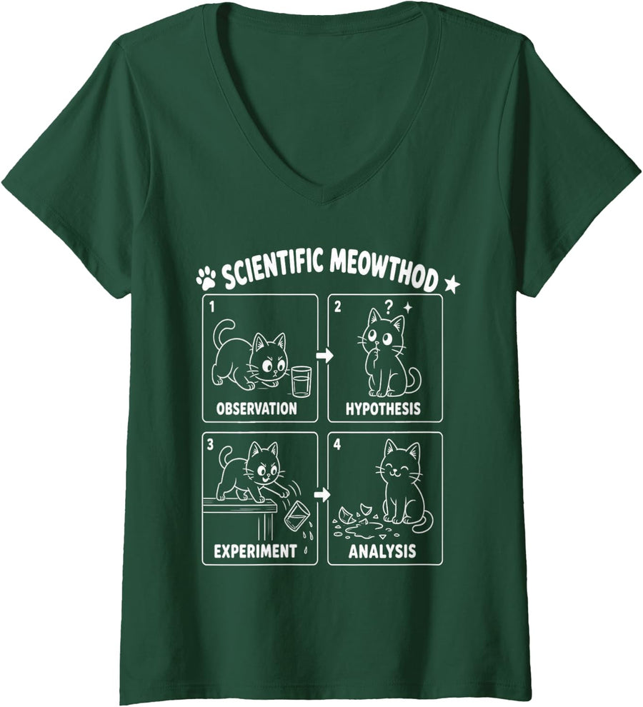 Women's Scientific Meowthod Funny Science Cat Teacher Student Cool V-Neck T-Shirt - Dark Green