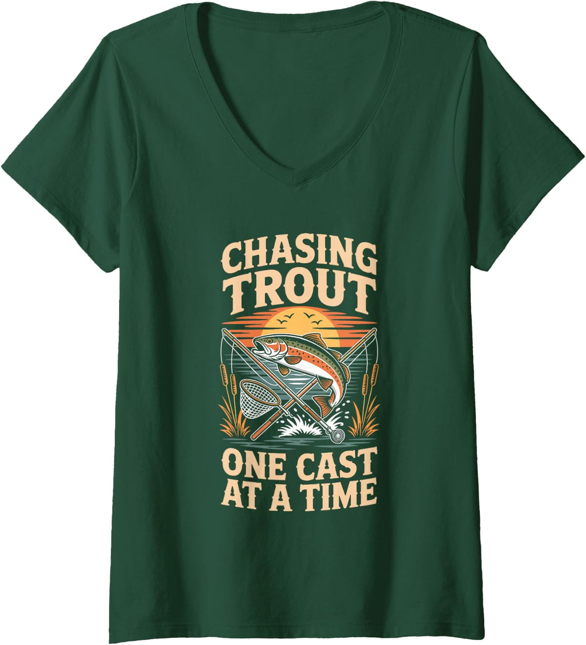 Women's Chasing Trout One Cast at a Time Fly Fishing Angler V-Neck T-Shirt - Dark Green