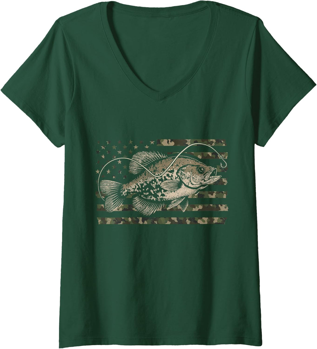 Women's Crappie Fishing Distressed Camo Flag V-Neck T-Shirt - Dark Green
