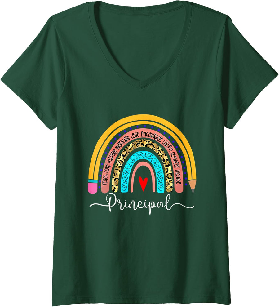 Womens Principal Boho Rainbow Leopard Back To School Principal V-Neck T-Shirt - Dark Green
