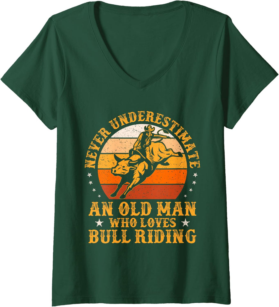 Women's Never Underestimate an Old Man Who Loves Bull Riding Vintage V-Neck T-Shirt - Dark Green