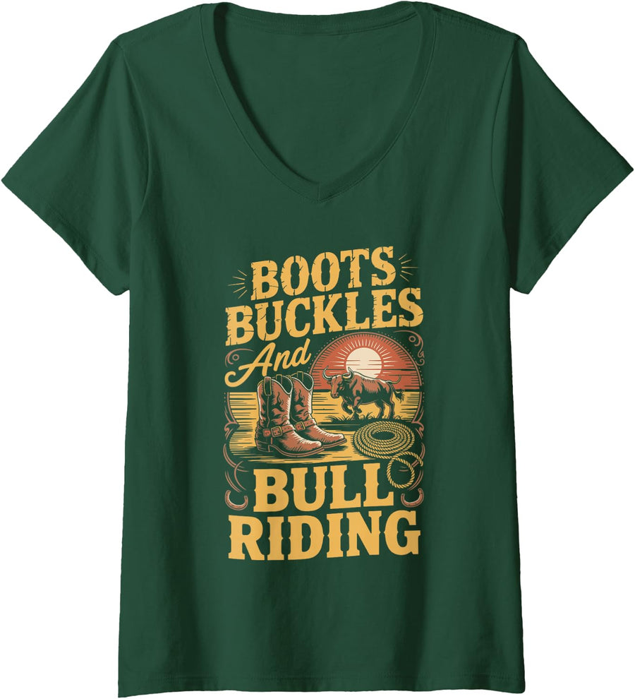 Women's Boots Buckles and Bull Riding Rodeo V-Neck T-Shirt - Dark Green