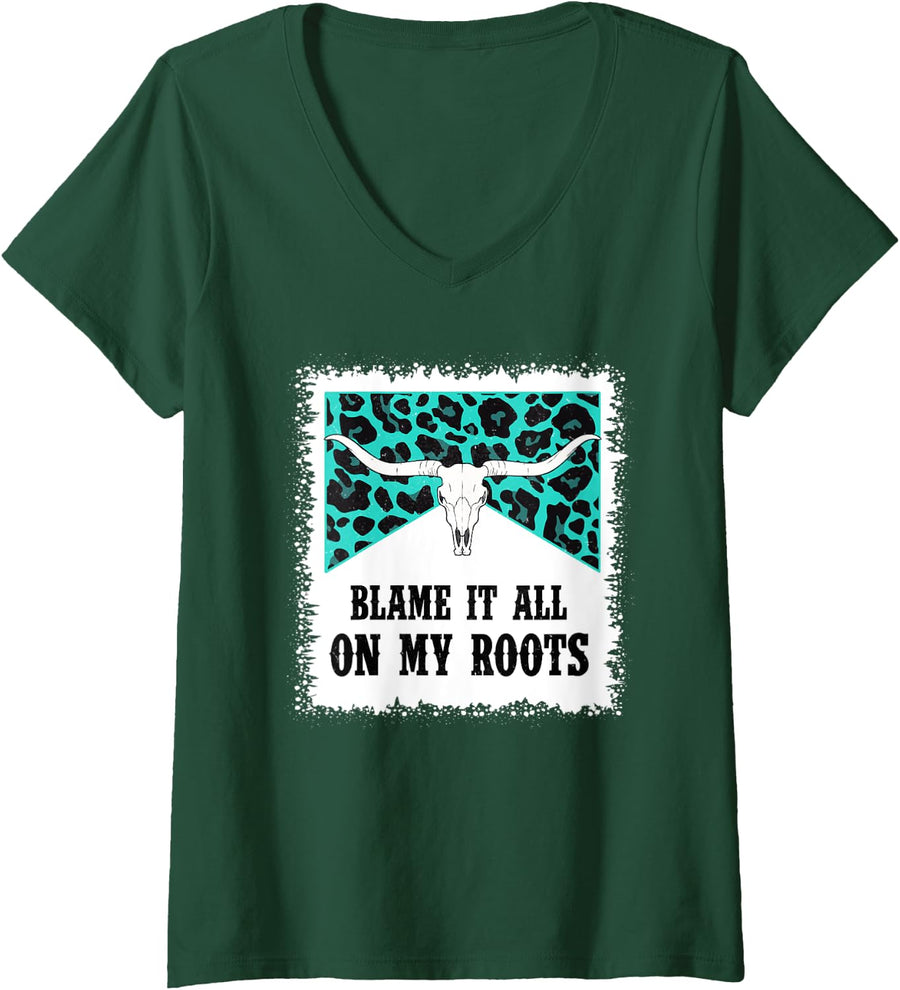 Womens Vintage Bull Skull Leopard Bleached Blame It All On My Roots V-Neck T-Shirt - Dark Green
