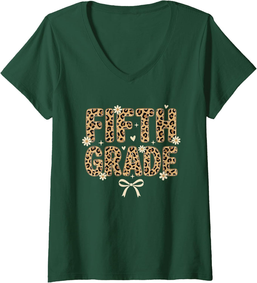 Women's Fifth Grade Leopard Back to School Elementary Teacher Women V-Neck T-Shirt - Dark Green