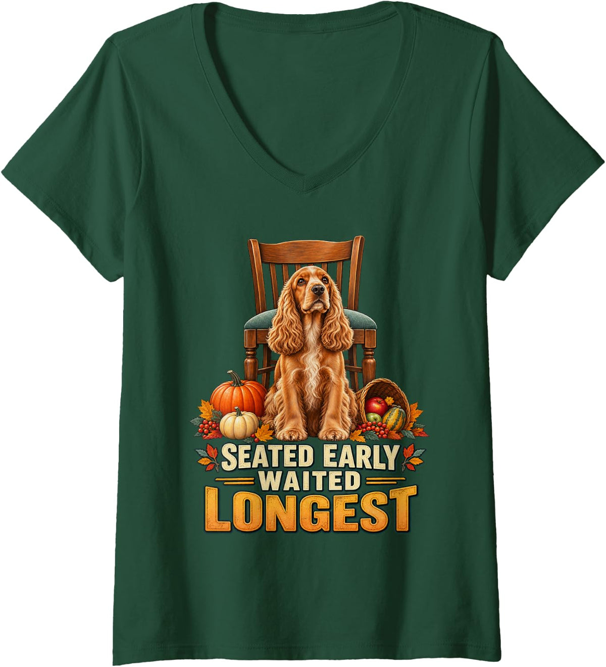 Women's Seated Early Waited Longest Cocker Spaniel Graphic V-Neck T-Shirt - Dark Green