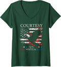 Womens Courtesy Of The Red White And Blue Vintage US Flag July 4th V-Neck T-Shirt - Dark Green