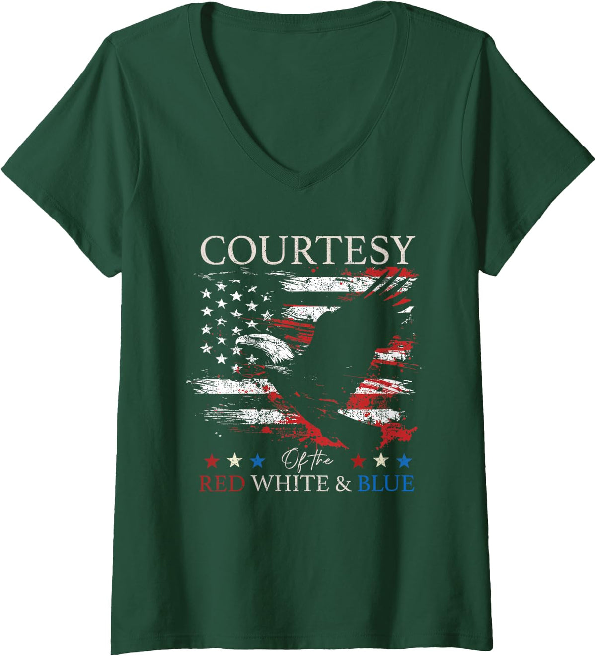 Womens Courtesy Of The Red White And Blue Vintage US Flag July 4th V-Neck T-Shirt - Dark Green