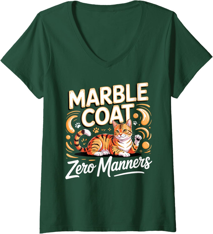 Women's Marble Coat Zero Manners Bengal Cat V-Neck T-Shirt - Dark Green