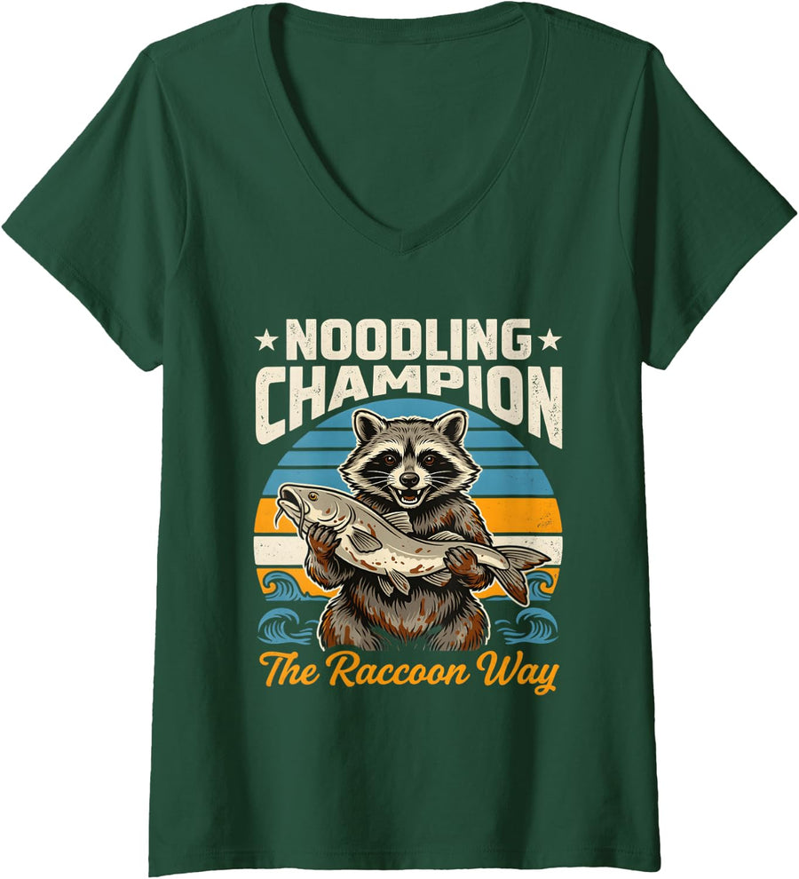 Women's Noodling Champion The Raccoon Way Fishing V-Neck T-Shirt - Dark Green