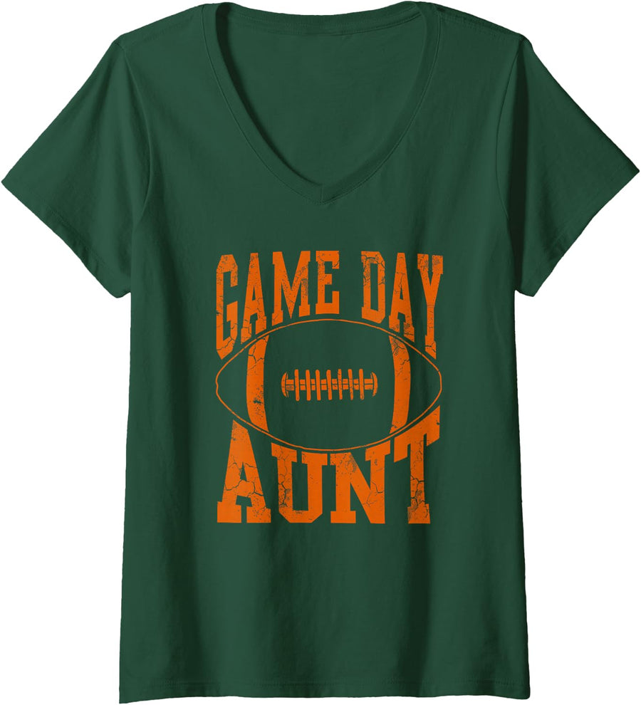 Women's Game Day Aunt Orange Football Auntie Gift V-Neck T-Shirt - Dark Green