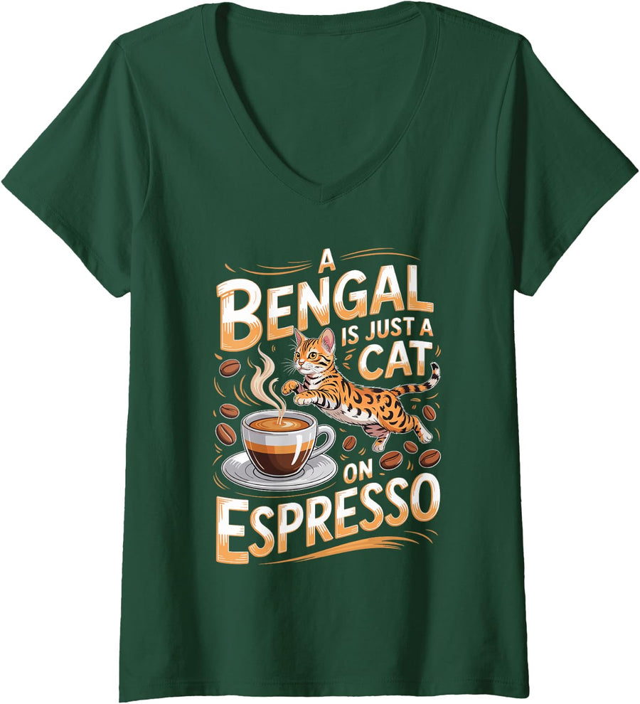 Women's A Bengal is Just A Cat On Espresso V-Neck T-Shirt - Dark Green