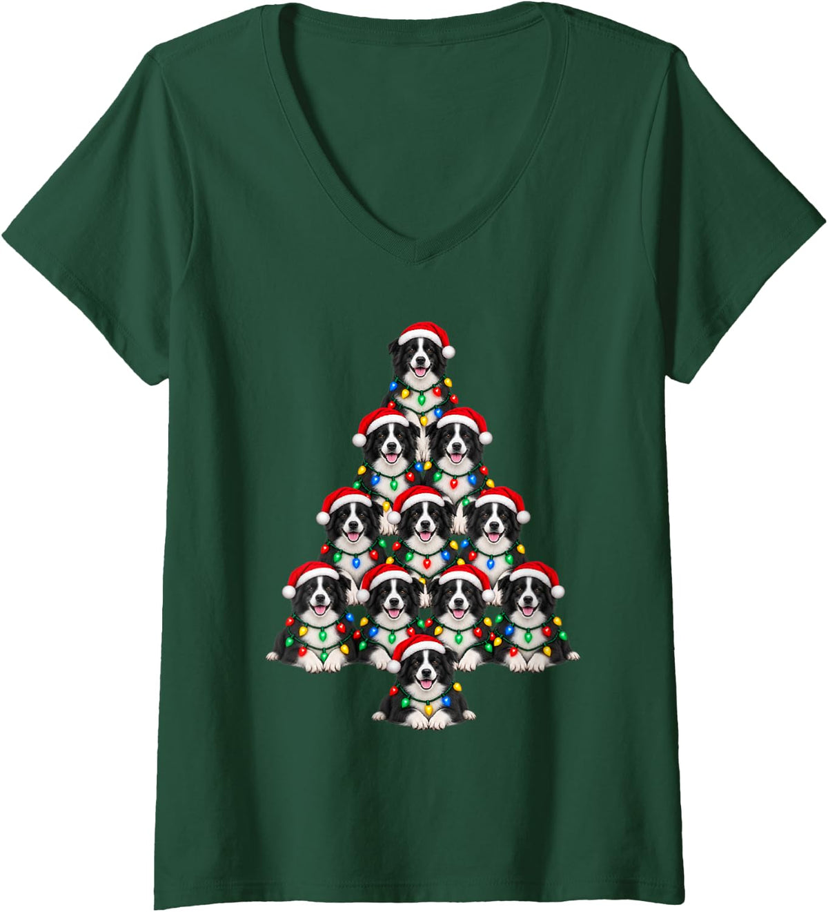 Women's Border Collie Christmas Tree Santa Hat Pet Dogs Lover Xmas V-Neck T-Shirt - Dark Green