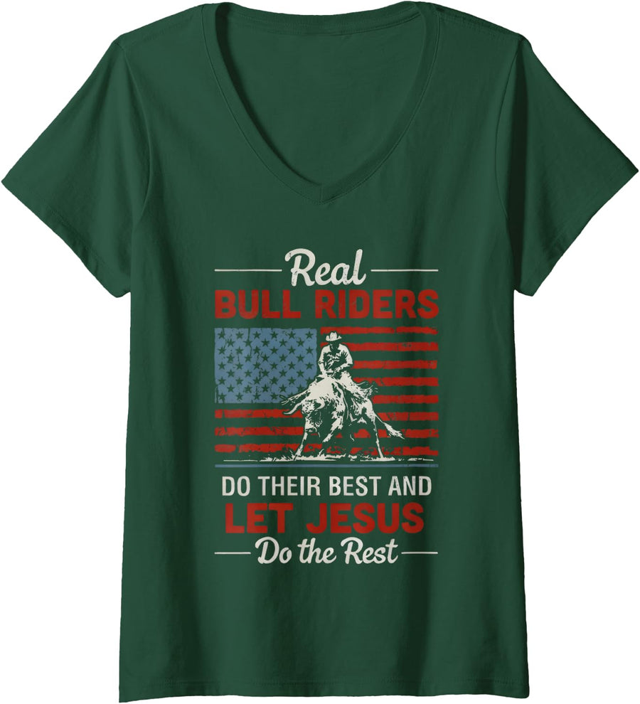 Women's Rodeo Riding Bull Riders for Christ V-Neck T-Shirt - Dark Green