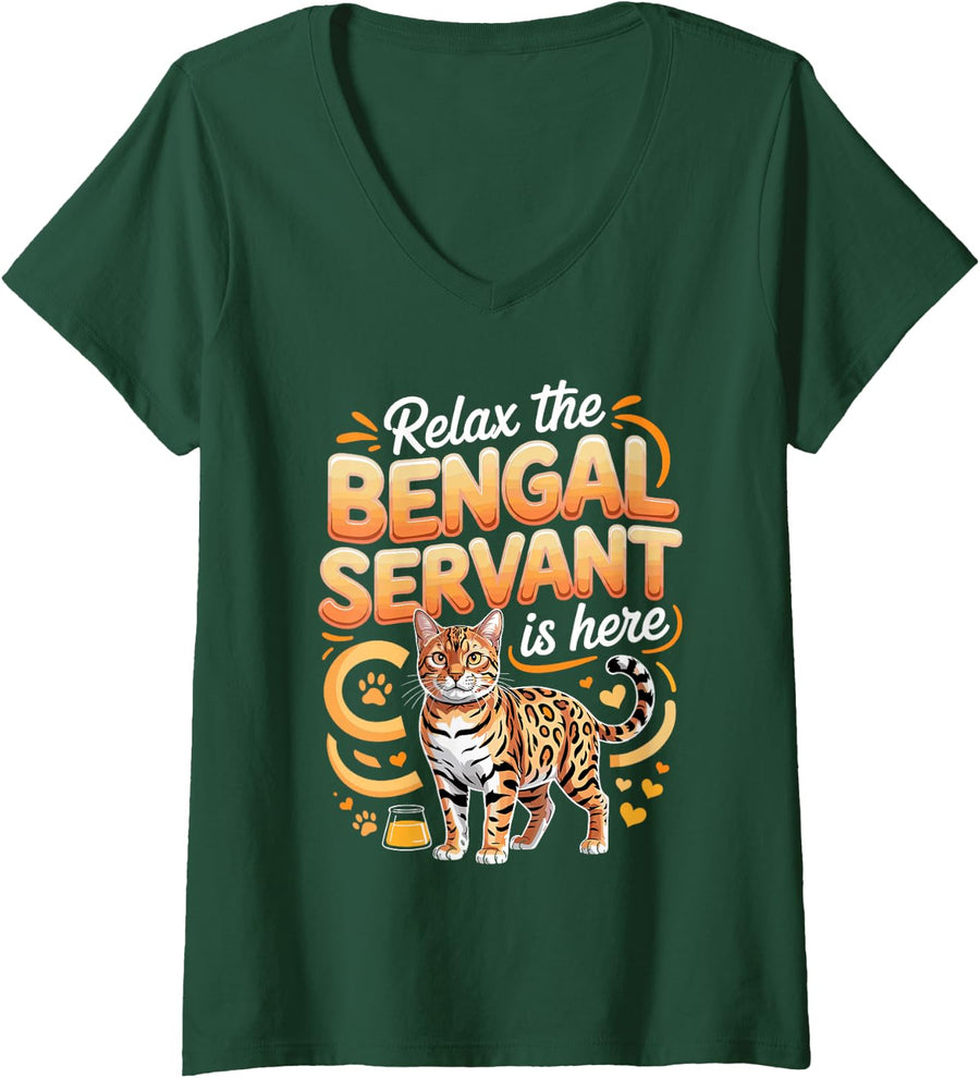 Women's Relax the Bengal Servant is Here Bengal Cat Lover V-Neck T-Shirt - Dark Green