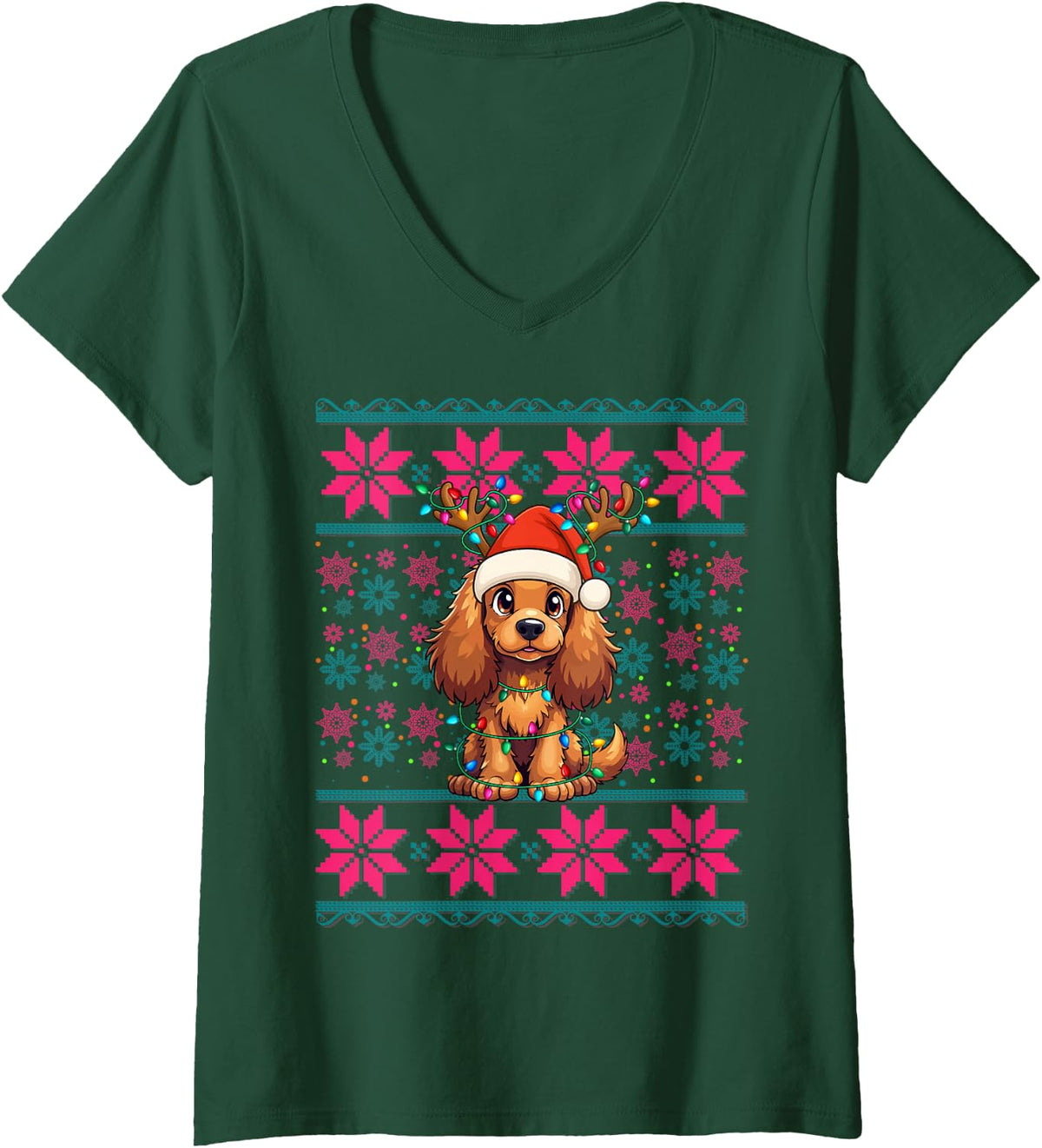 Women's Reindeer Santa Hat Ugly Christmas Cocker Spaniel Dog Girls V-Neck T-Shirt - Dark Green