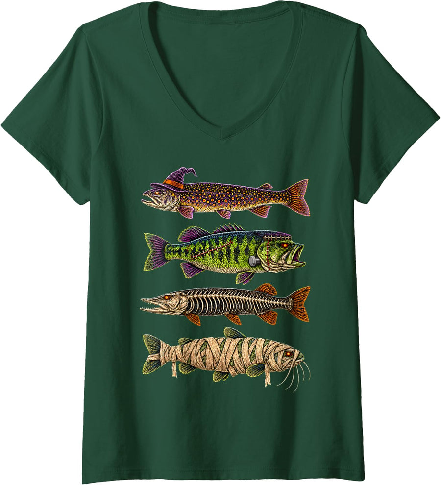 Women's Halloween Fishing Trout Fish Witch Skeleton Mummy Fisherman V-Neck T-Shirt - Dark Green