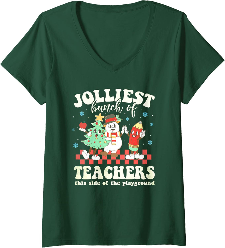 Women's Jolliest Bunch of Teachers This Side of The Playground Xmas V-Neck T-Shirt - Dark Green